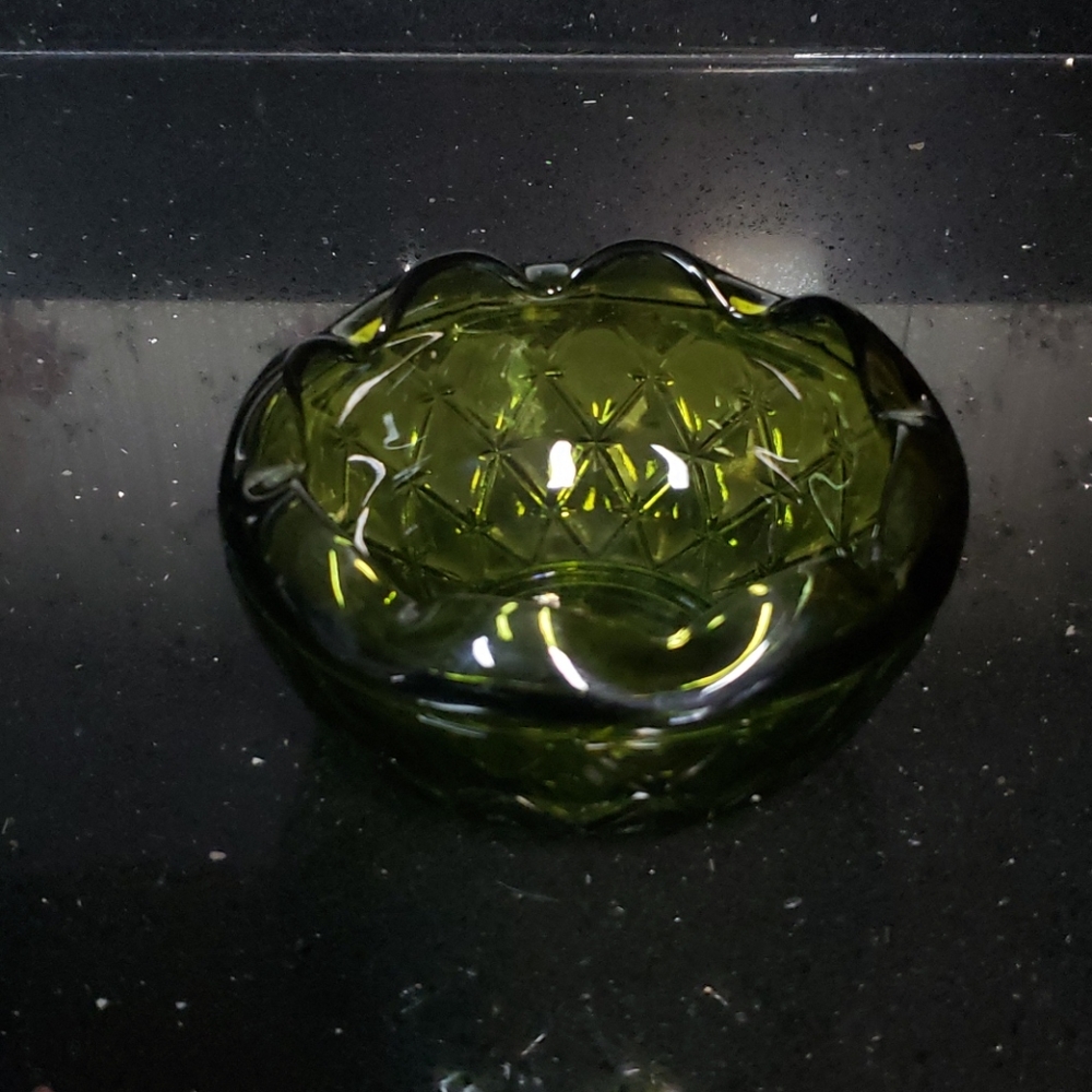 Vintage Green Glass Candy Dish with Diamond Pattern